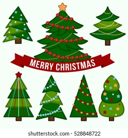 Christmas trees greeting card. Flat vector illustration. Colorful decorated christmas trees