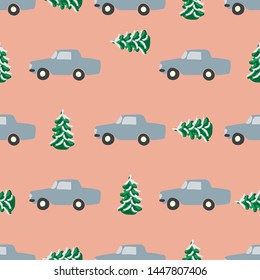 Christmas trees and grey cars seamless pattern on pink background. Flat style illustration. Greeting card, poster, design element. Vector