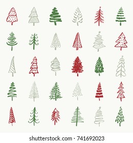 Christmas trees hand drawn brush painted ink set. Doodle trees for holiday designs.