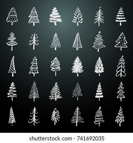 Christmas trees hand drawn brush painted ink set. Doodle trees for holiday designs.