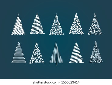 Christmas trees hand drawn doodle set for greeting cards or gift wrapping with irregular shape style