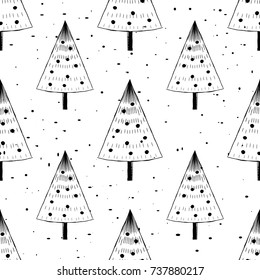Christmas Trees - Hand Drawn Doodle Seamless Pattern / Background. Vector Illustration