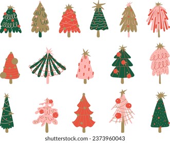 Christmas trees hand drawn New Year