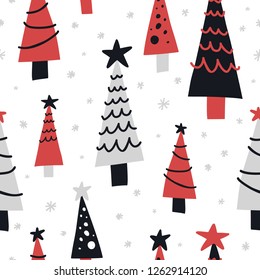 Christmas trees hand drawn seamless vector pattern. Xmas sketch texture. Color fir tree and stars toppers. Winter holiday scandinavian illustration. New Year textile, wrapping paper, background design