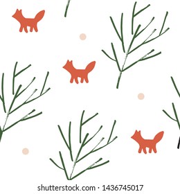 Christmas trees hand drawn seamless vector pattern. Xmas sketch texture. Branches and fox. Winter holiday illustration. New Year textile, wrapping paper, background design