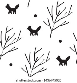 Christmas trees hand drawn seamless vector pattern. Xmas sketch texture. Branches and fox. Winter holiday illustration. New Year textile, wrapping paper, background design