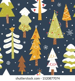 Christmas trees hand drawn seamless vector pattern. New Year textile, wrapping paper, background design. Color decorative fir trees and snowflakes on dark background. Vector illustration