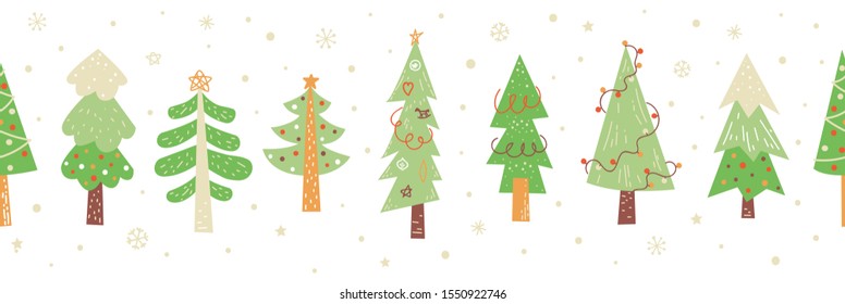 Christmas trees hand drawn seamless border vector pattern. Christmas sale seamless banner. Green fir trees. Winter holiday flat illustration