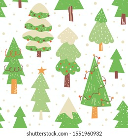 Christmas trees hand drawn seamless vector pattern.  Green fir trees. Winter holiday flat pattern. Wrapping paper, print, page fill, web design. Vector illustration