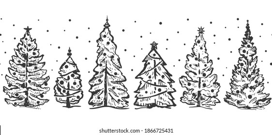 Christmas trees hand drawn seamless border vector pattern. Christmas seamless banner. Fir trees with Christmas decoration. Black line isolated on white. Winter holiday sketch illustration