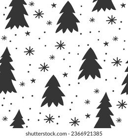 Christmas trees hand drawn seamless vector pattern. Xmas sketch texture. Black and white fir trees and stars. Winter holiday scandinavian illustration. New Year textile, wrapping paper, background 