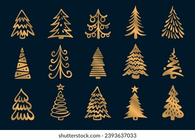 Christmas trees hand drawn set. Festive decorative design elements for cards, prints, posters. Firtree drawing collection. Vector illustration.