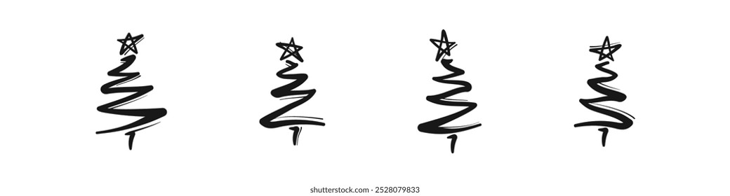 Christmas trees hand drawn set. Sketch style pine tree with wavy and simple lines. Christmas scribble decoration.