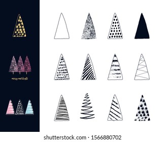 Christmas Trees Hand Drawn Style Set. Ink Stamp Design