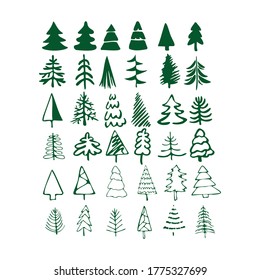 Christmas trees. Hand-draw doodles in green color. Vector illustration