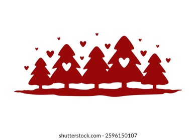 Christmas trees and hearts icon. Colored silhouette. Horizontal front side view. Vector simple flat graphic hand drawn illustration. Isolated object on white background. Isolate.