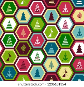 Christmas trees in hexagons seamless pattern. Geometric Christmas pattern in retro style. Vector background for fabric, wallpaper, advertising posters, children's prints, gift wrapping and paper