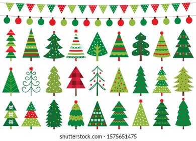 Christmas trees and holiday decoration, vector set