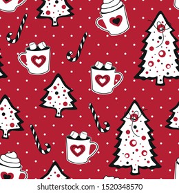 Christmas trees and hot drinks on a Christmas background