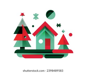 Christmas trees with house, festive logo concept