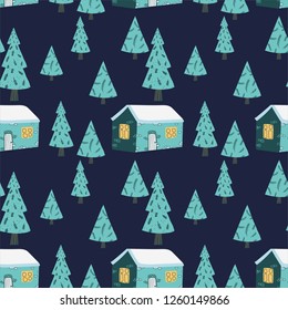 christmas trees with houses pattern for print.