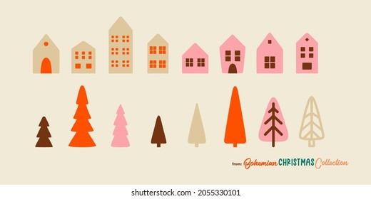 Christmas Trees and Houses in simple doodle style with Boho Christmas spirit. Vector clipart set great for winter landscapes and backgrounds.