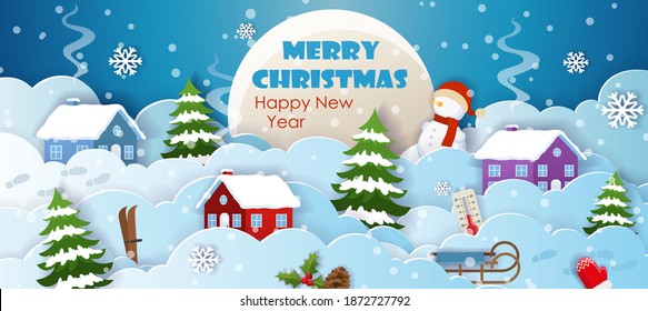 Christmas trees, houses, snowman and christmas decorations on snowy hills. Paper cut Christmas and happy New Year postcard template vector. 