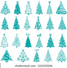 Christmas trees icon set isolated on white background. Cute Christmas trees with toys and snow. New year decorations.  Modern flat design. Vector illustration