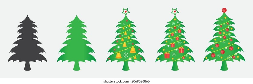 Christmas trees icon set isolated on white background. New year decorations. Vector illustration.