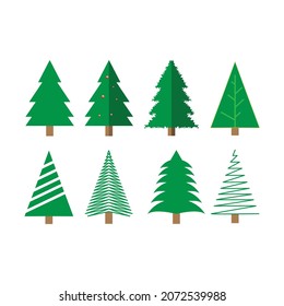 Christmas trees icon set isolated on white background. Cute Christmas trees with toys and snow. New year decorations. Vector illustration.