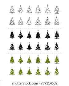 Christmas trees icon set on white background. thin line green and black color. vector illustrator