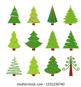 Christmas trees icon set. Vector illustration  isolated on white background. Flat style of icons for presents, invitation,holiday interior design 