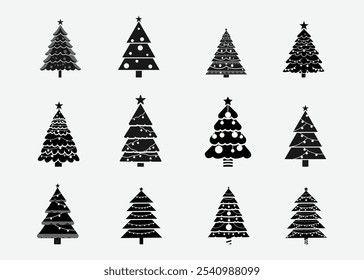 Christmas trees icon silhouette set isolated on white background. Black symbol winter trees collection with garlands for holiday xmas and new year. Vector illustration.