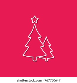 Christmas trees icon, vector outline simple decoration element. Symbol of two line fir-tree isolated on red background.