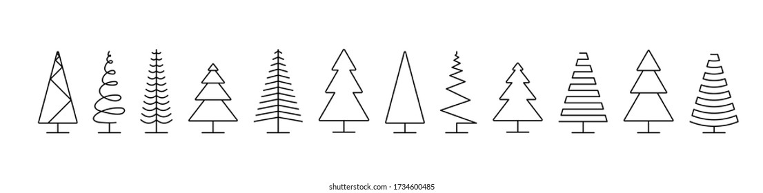 Christmas trees icons. Trees icons in a row, isolated on white background. Panorama view. Christmas tree in line flat design. Eps10