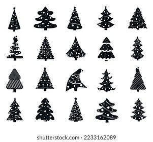 Christmas trees icons set. Collection of graphic elements for website. Symbol of winter holidays, traditions and culture, New Year. Cartoon flat vector illustrations isolated on white background