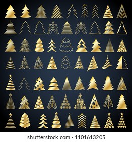 Christmas trees icons set vector illustration. New year holidays symbols. Golden color.