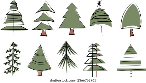 Christmas trees illustration set, vector abstract forest tree clipart
