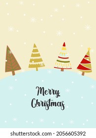 Christmas trees and the inscription merry Christmas. Design for postcards.