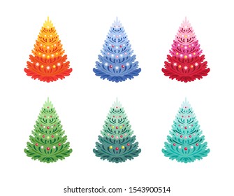 Christmas trees isolated on white background colorful set. Collection of beautiful decorations for the new year in different bright colors. Vector holiday illustration in cartoon simple flat style.