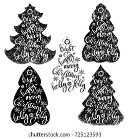 Christmas trees. Isolated vector elements on white background. Hand-drawn black silhouettes of Christmas trees with festive words.