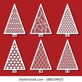 Christmas trees for laser cutting. New Year card. Twelve Simple Abstract triangle shapes.. Geometry pattern