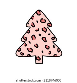 Christmas trees with leopard print. Collection of Christmas tree with leopard pattern, leopard skin. Colorful illustration of New Year design for banner, postcard, greeting card. Vector illustration.