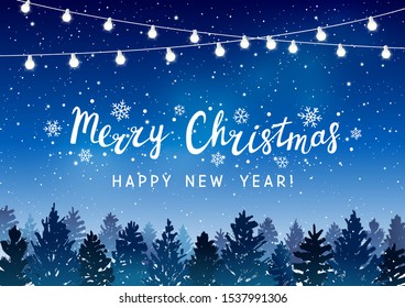 Christmas trees with light bulbs on starry sky background - vector greeting card for winter holiday design