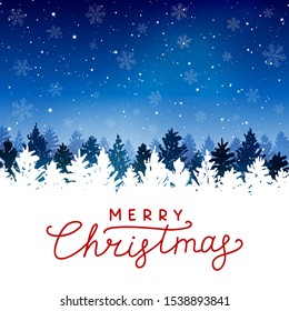 Christmas trees with light bulbs on starry sky background - vector greeting card for winter holiday design