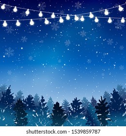 Christmas trees with light bulbs on starry sky background - vector greeting card for winter holiday design