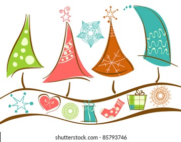 Christmas trees line and decorations