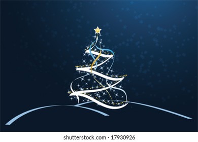 Christmas trees made out of stars dots and ribbons against a dark blue "night-sky" background