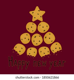 Christmas trees made of round mir cookies with chocolate with a star on top, Happy New Year card, vector illustration,flat