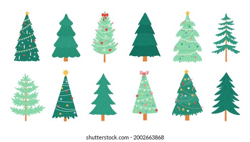 Christmas trees. Merry xmas decorated tree with candles, candy, toys, star and tinsel. New Year traditional winter holiday pine vector set. Illustration merry decoration christmas tree, winter holiday